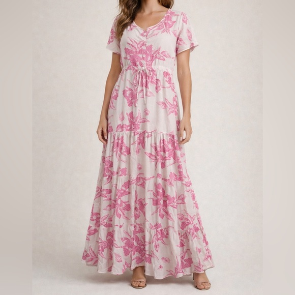 C+D+M Dresses & Skirts - Floral Maxi Dress pink tropical tiered size L flutter sleeves